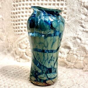 Gorgeous Hand Blown Art Glass Mini Vase Aqua Blue & Green